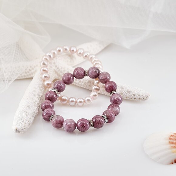 Pearl & Lepidolite Dainty Bracelet Set, Set of 2 Stretch Bracelets - Picture 8 of 11